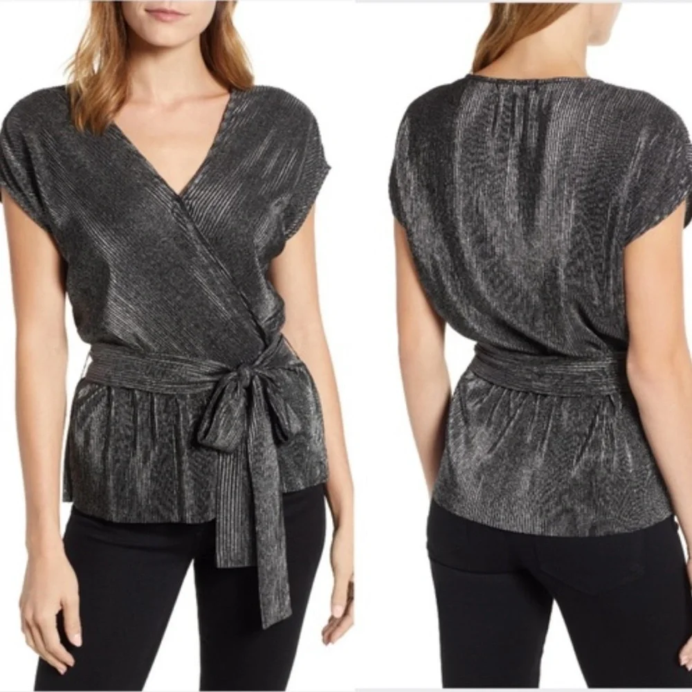 Gibson Black Shimmer Faux Wrap V-Neck Blouse Metallic Party Top Size Large